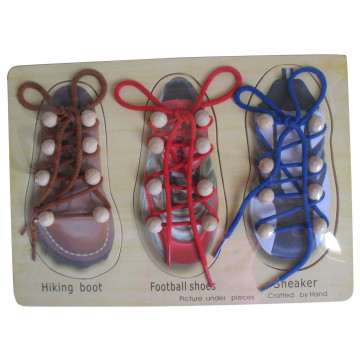 Wooden Lacing Shoes Peg Puzzle DIY Toys